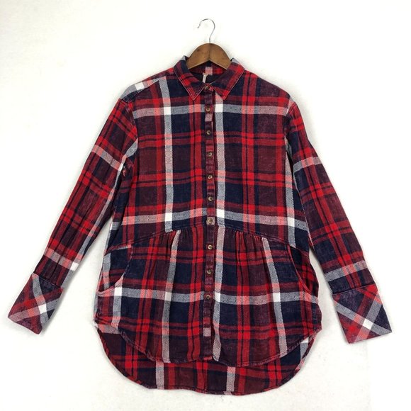 Free People Women's Size Small Easy Street Red White Blue Plaid Button Up Shirt
